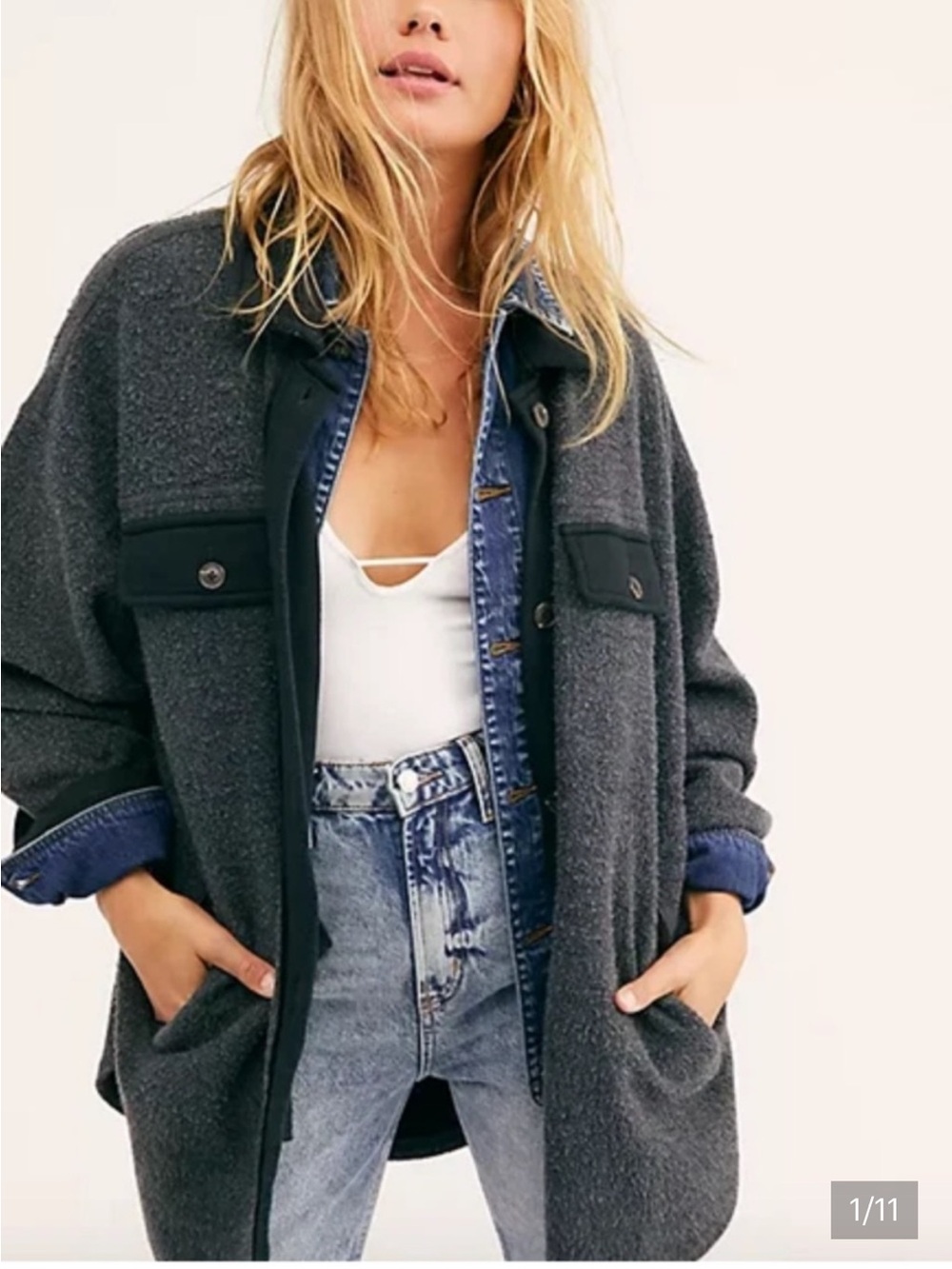 Free People We The Free Ruby Jacket Washed Black Oversized Fleece Shacket Size L